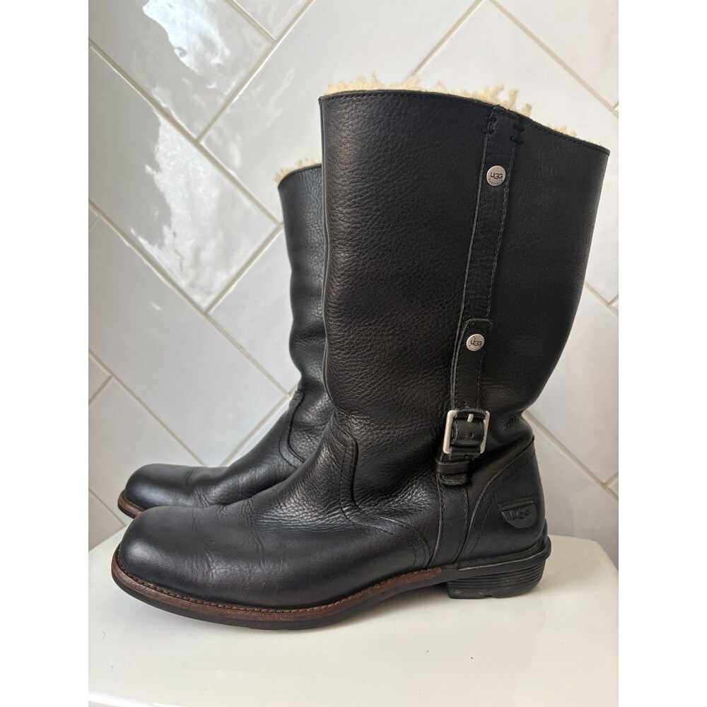 UGG Boots Black Leather  Sz 8 Shearling Lined Moto Boots Mid Calf biker boots